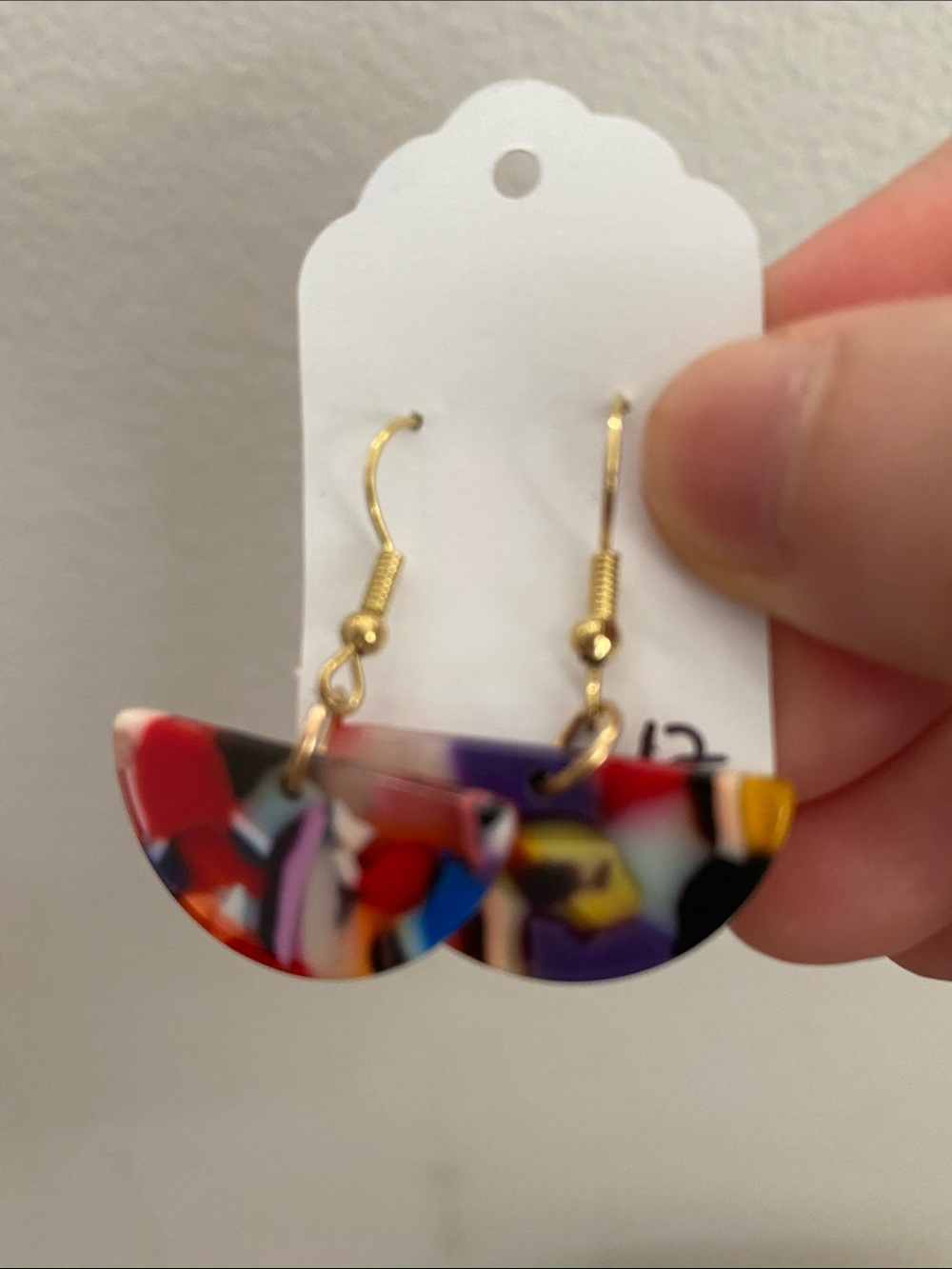 Multicolor Acrylic Half-Moon Drop Earrings - Gold Hooks - Picture 2 of 3